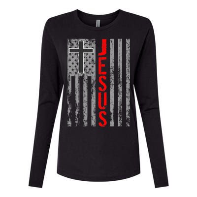 Vintage Jesus USA American Flag Catholic Christion Cross Womens Cotton Relaxed Long Sleeve T-Shirt