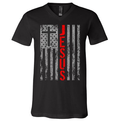 Vintage Jesus USA American Flag Catholic Christion Cross V-Neck T-Shirt