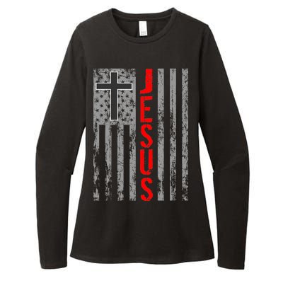 Vintage Jesus USA American Flag Catholic Christion Cross Womens CVC Long Sleeve Shirt