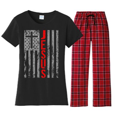 Vintage Jesus USA American Flag Catholic Christion Cross Women's Flannel Pajama Set