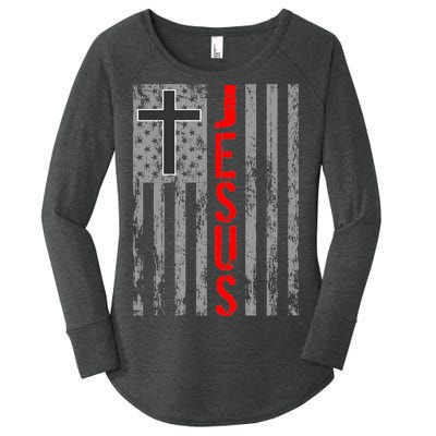 Vintage Jesus USA American Flag Catholic Christion Cross Women's Perfect Tri Tunic Long Sleeve Shirt