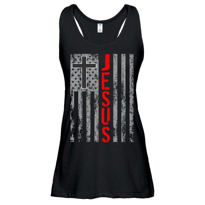 Vintage Jesus USA American Flag Catholic Christion Cross Ladies Essential Flowy Tank