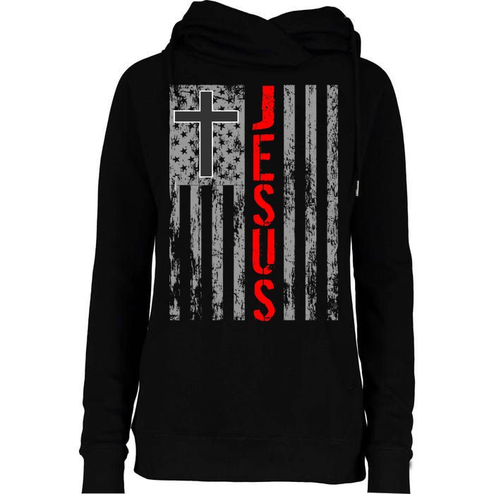 Vintage Jesus USA American Flag Catholic Christion Cross Womens Funnel Neck Pullover Hood