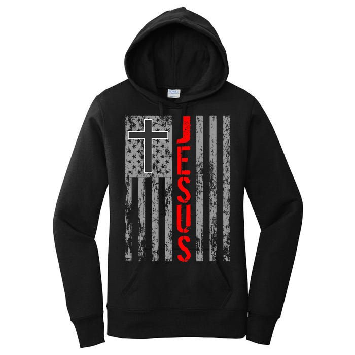 Vintage Jesus USA American Flag Catholic Christion Cross Women's Pullover Hoodie