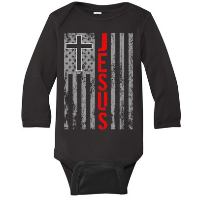 Vintage Jesus USA American Flag Catholic Christion Cross Baby Long Sleeve Bodysuit