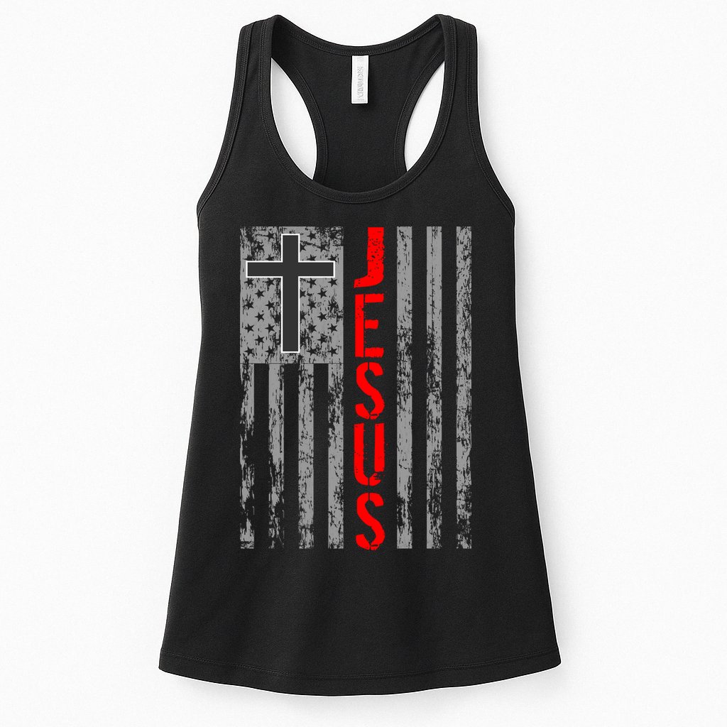 Vintage Jesus USA American Flag Catholic Christion Cross Womens Tank Top