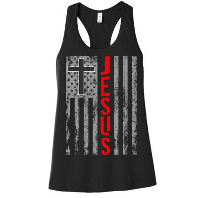 Vintage Jesus USA American Flag Catholic Christion Cross Women's Racerback Tank