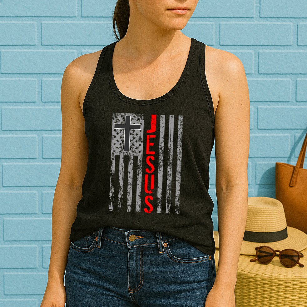 Vintage Jesus USA American Flag Catholic Christion Cross Womens Tank Top
