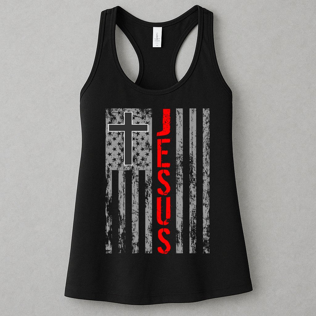 Vintage Jesus USA American Flag Catholic Christion Cross Womens Tank Top
