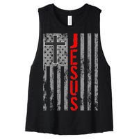 Vintage Jesus USA American Flag Catholic Christion Cross Women's Racerback Cropped Tank