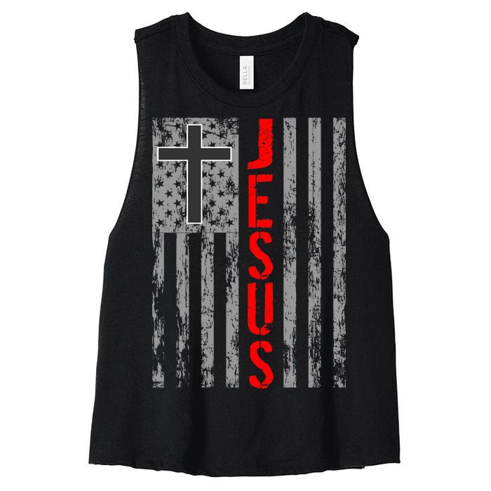 Vintage Jesus USA American Flag Catholic Christion Cross Women's Racerback Cropped Tank