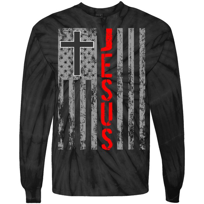 Vintage Jesus USA American Flag Catholic Christion Cross Tie-Dye Long Sleeve Shirt