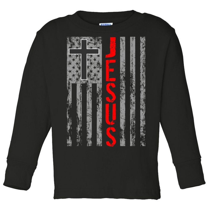 Vintage Jesus USA American Flag Catholic Christion Cross Toddler Long Sleeve Shirt