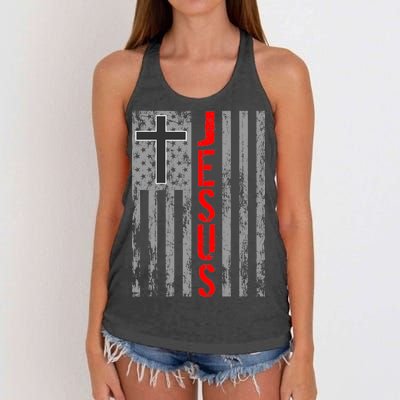 Vintage Jesus USA American Flag Catholic Christion Cross Women's Knotted Racerback Tank