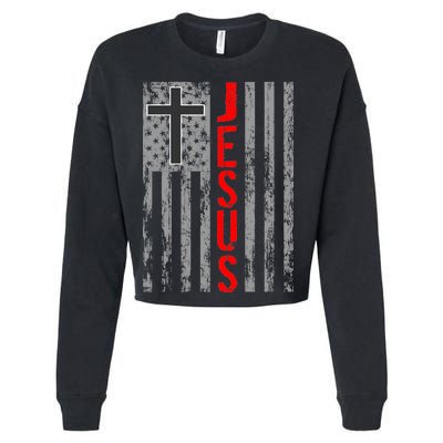 Vintage Jesus USA American Flag Catholic Christion Cross Cropped Pullover Crew