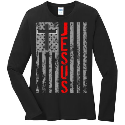 Vintage Jesus USA American Flag Catholic Christion Cross Ladies Long Sleeve Shirt