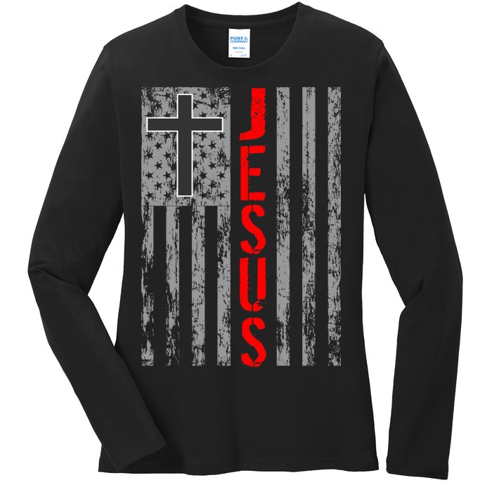 Vintage Jesus USA American Flag Catholic Christion Cross Ladies Long Sleeve Shirt