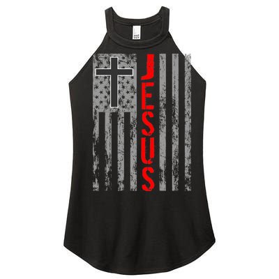 Vintage Jesus USA American Flag Catholic Christion Cross Women's Perfect Tri Rocker Tank