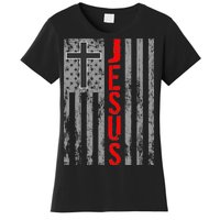 Vintage Jesus USA American Flag Catholic Christion Cross Women's T-Shirt