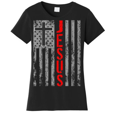 Vintage Jesus USA American Flag Catholic Christion Cross Women's T-Shirt