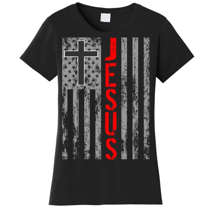 Vintage Jesus USA American Flag Catholic Christion Cross Women's T-Shirt