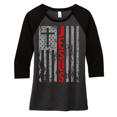 Vintage Jesus USA American Flag Catholic Christion Cross Women's Tri-Blend 3/4-Sleeve Raglan Shirt