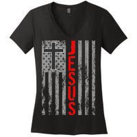 Vintage Jesus USA American Flag Catholic Christion Cross Women's V-Neck T-Shirt