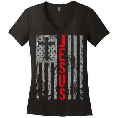 Vintage Jesus USA American Flag Catholic Christion Cross Women's V-Neck T-Shirt