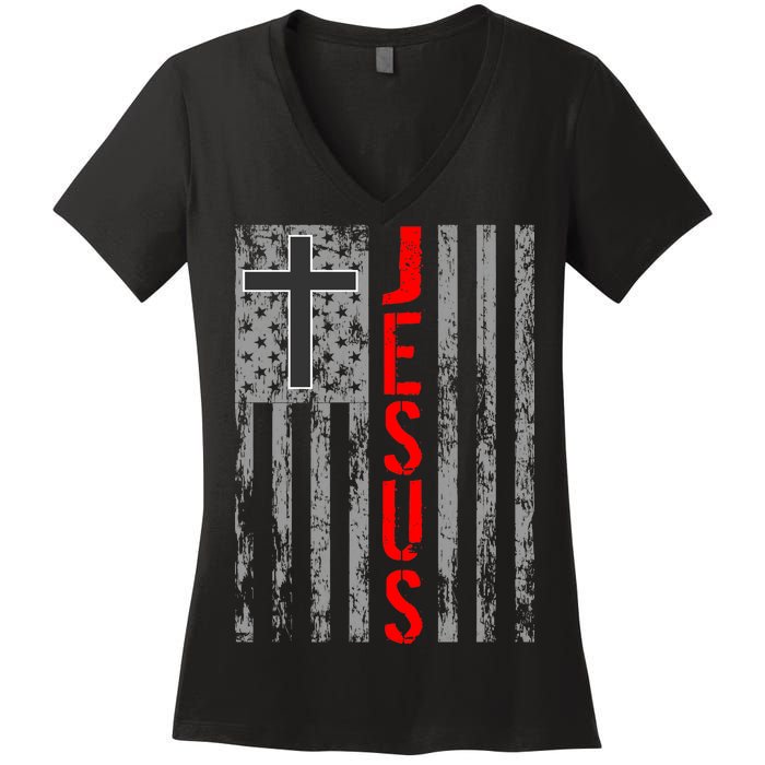 Vintage Jesus USA American Flag Catholic Christion Cross Women's V-Neck T-Shirt