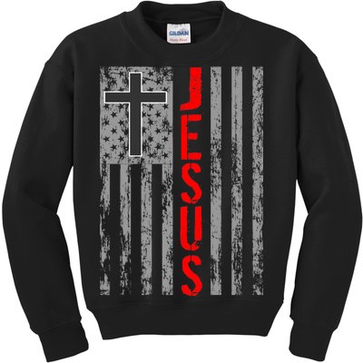 Vintage Jesus USA American Flag Catholic Christion Cross Kids Sweatshirt