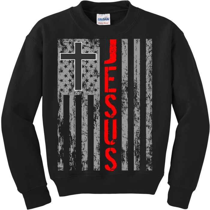 Vintage Jesus USA American Flag Catholic Christion Cross Kids Sweatshirt