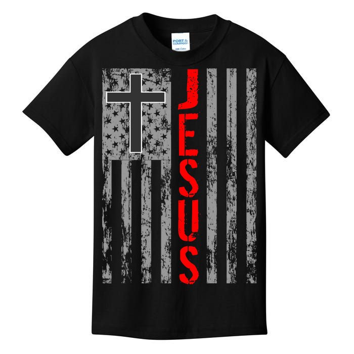 Vintage Jesus USA American Flag Catholic Christion Cross Kids T-Shirt