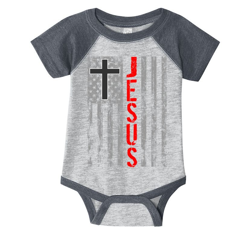 Vintage Jesus USA American Flag Catholic Christion Cross Infant Baby Jersey Bodysuit