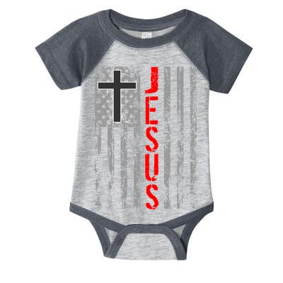 Vintage Jesus USA American Flag Catholic Christion Cross Infant Baby Jersey Bodysuit