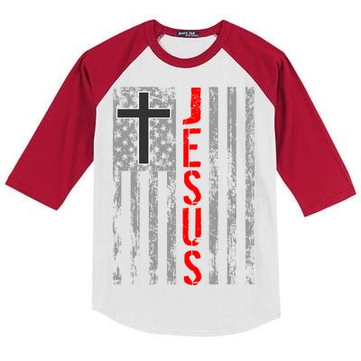 Vintage Jesus USA American Flag Catholic Christion Cross Kids Colorblock Raglan Jersey