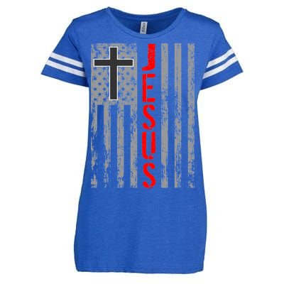 Vintage Jesus USA American Flag Catholic Christion Cross Enza Ladies Jersey Football T-Shirt