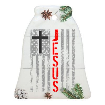 Vintage Jesus USA American Flag Catholic Christion Cross Ceramic Bell Ornament