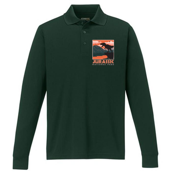 Vintage Jurassic National Park Poster Performance Long Sleeve Polo