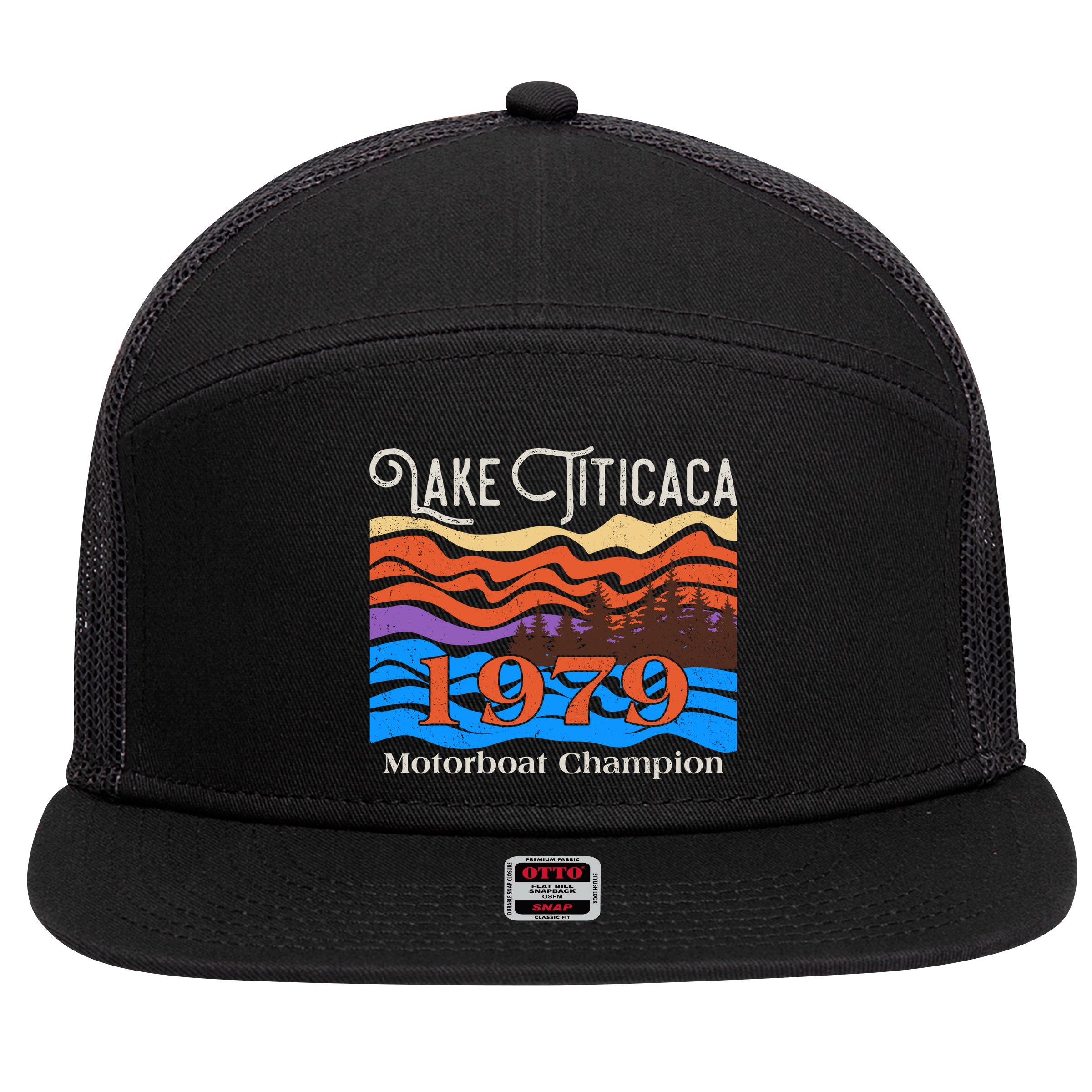 Vintage Lake Titicaca 1979 Motorboat Champion 7 Panel Mesh Trucker Snapback Hat