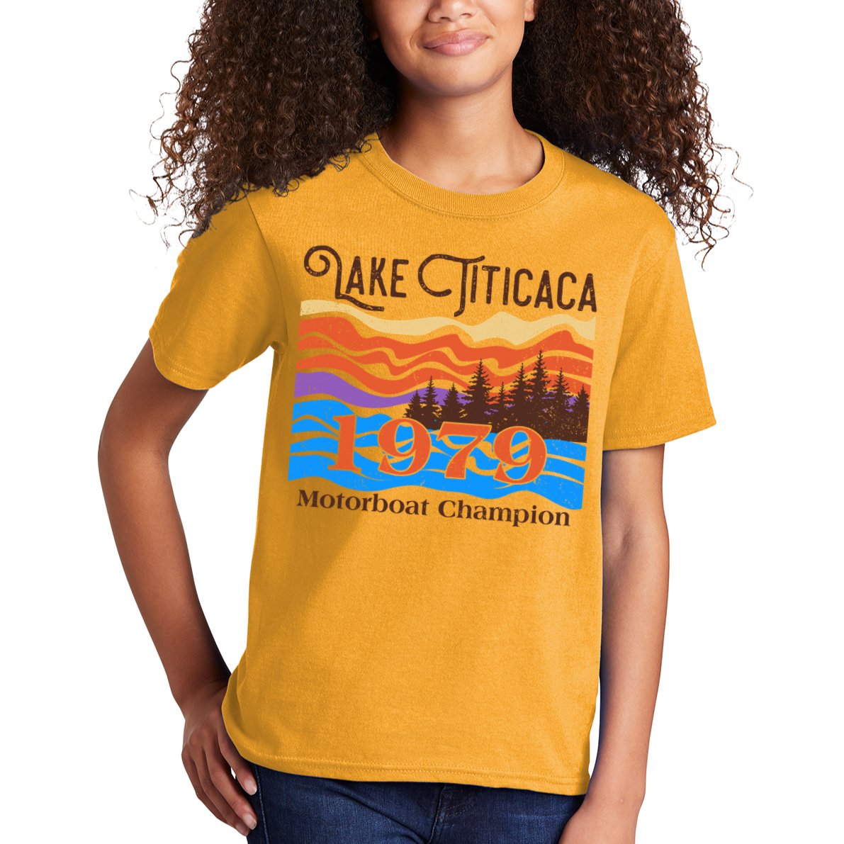 Vintage Lake Titicaca 1979 Motorboat Champion Kids T-Shirt