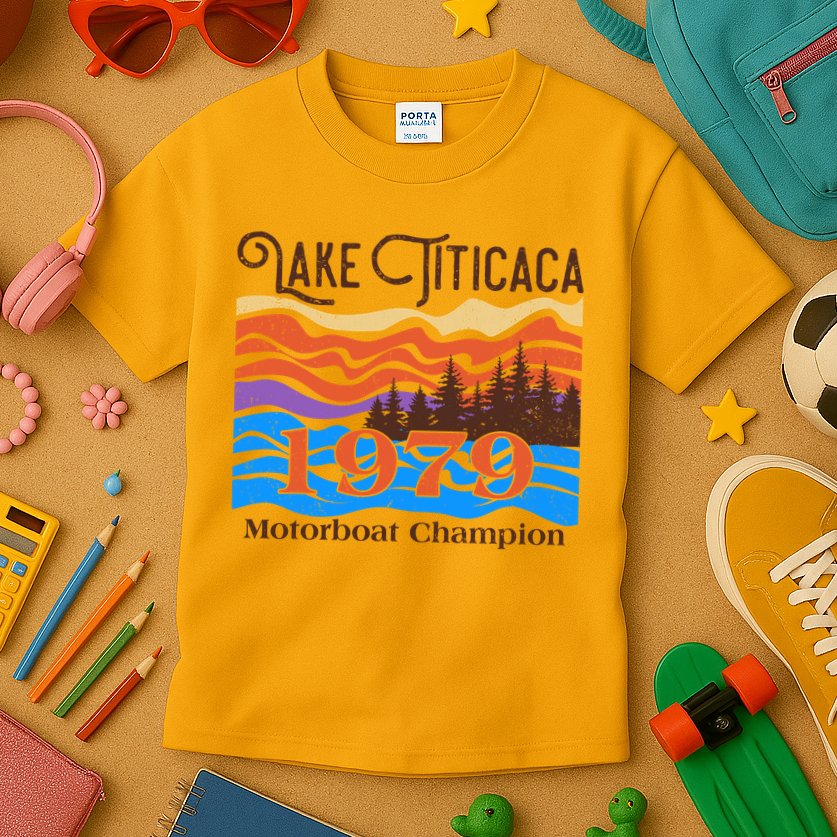 Vintage Lake Titicaca 1979 Motorboat Champion Kids T-Shirt