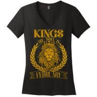 Vintage Lion Kings Are Born In February Women's V-Neck T-Shirt