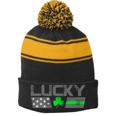 Vintage Lucky Shamrock Racing Flag Stripe Pom Pom Beanie