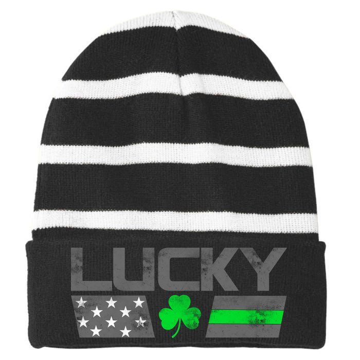 Vintage Lucky Shamrock Racing Flag Striped Beanie with Solid Band