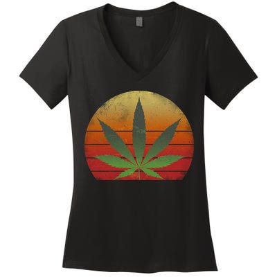 Vintage Marijuana Weed Sunset Women's V-Neck T-Shirt