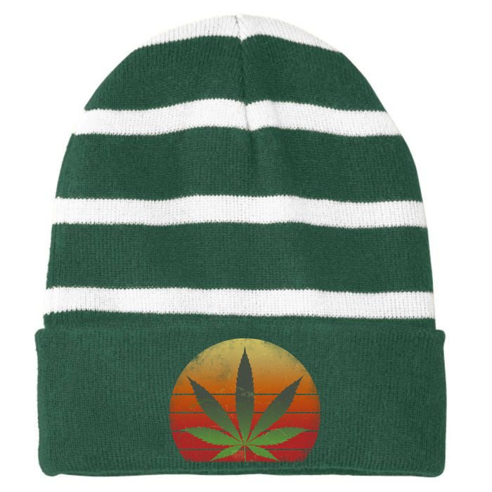 Vintage Marijuana Weed Sunset Striped Beanie with Solid Band