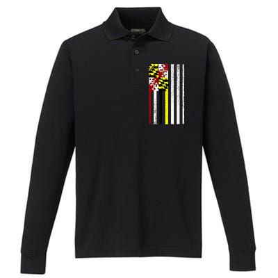 Vintage Maryland State American Flag Performance Long Sleeve Polo