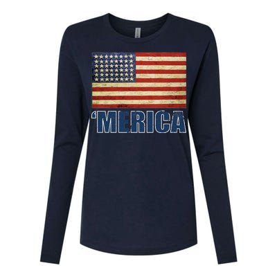 Vintage Merica Flag Womens Cotton Relaxed Long Sleeve T-Shirt