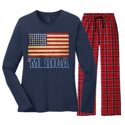 Vintage Merica Flag Women's Long Sleeve Flannel Pajama Set 