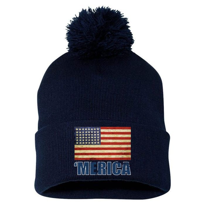 Vintage Merica Flag Pom Pom 12in Knit Beanie